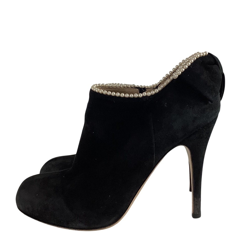 Valentino Garavani Black Suede Pearl Trim Bow Ankle Boots Stiletto Heels Size 38